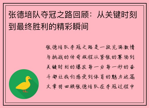 张德培队夺冠之路回顾：从关键时刻到最终胜利的精彩瞬间