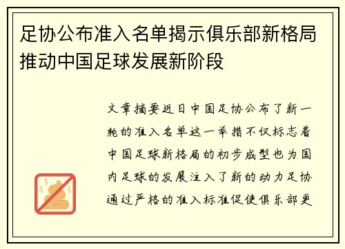足协公布准入名单揭示俱乐部新格局推动中国足球发展新阶段